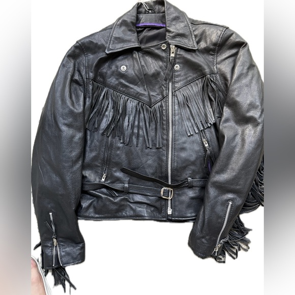 Stylish Black Leather Fringe Jacket Women’s– Western Biker Boho Rocker Style - Picture 7 of 12